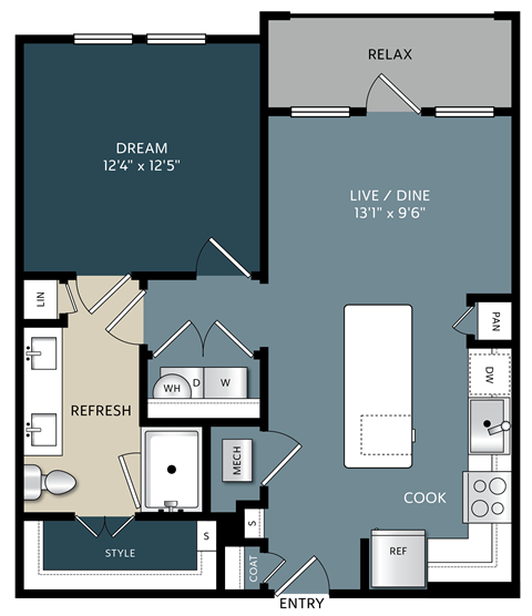 Floor plan for 1 bed, 1 bath, 681 sqft